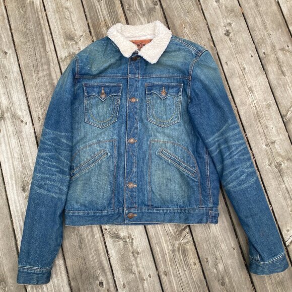 Vintage True Religion DALTRY Sherpa Denim Jacket XL Blue - Picture 1 of 10
